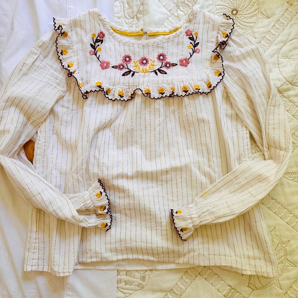 Mini Boden Cream Striped Blouse with Floral Embroidery